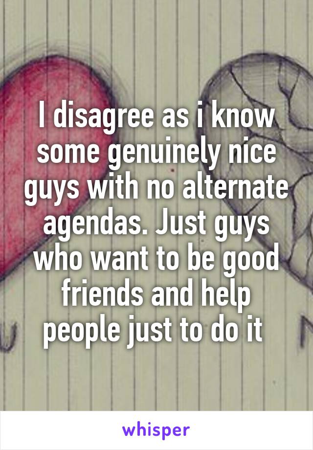 I disagree as i know some genuinely nice guys with no alternate agendas. Just guys who want to be good friends and help people just to do it 