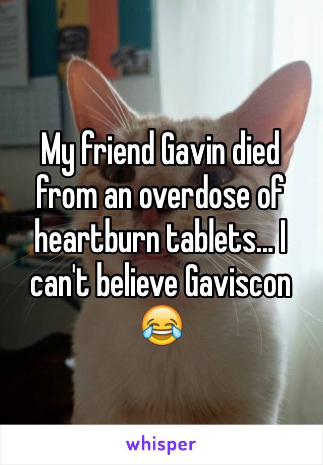 My friend Gavin died from an overdose of heartburn tablets... I can't believe Gaviscon 😂
