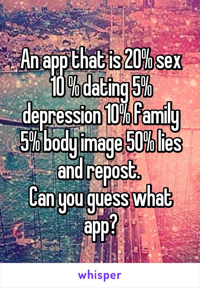 An app that is 20% sex 10 % dating 5% depression 10% family 5% body image 50% lies and repost. 
Can you guess what app?