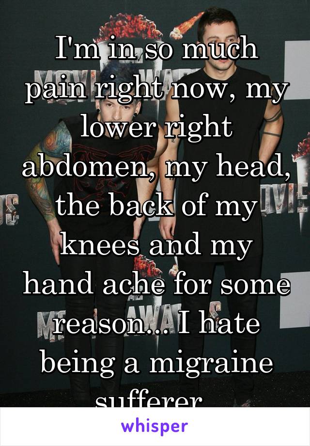 I'm in so much pain right now, my lower right abdomen, my head, the back of my knees and my hand ache for some reason... I hate being a migraine sufferer..