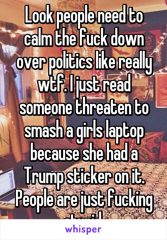 Look people need to calm the fuck down over politics like really wtf. I just read someone threaten to smash a girls laptop because she had a Trump sticker on it. People are just fucking stupid.