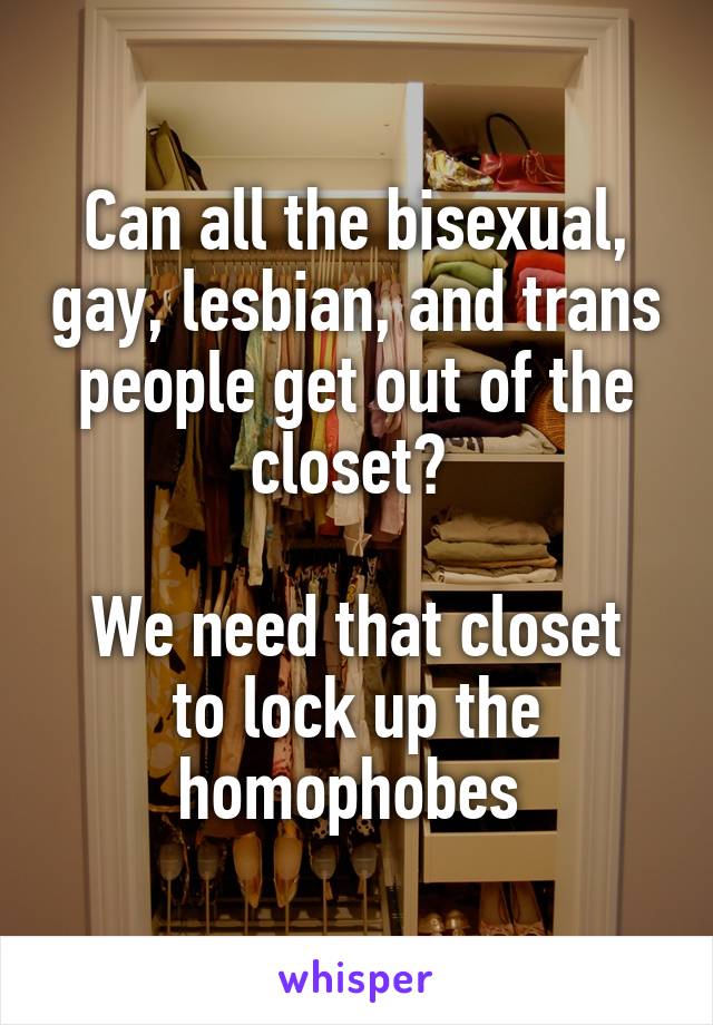 Can all the bisexual, gay, lesbian, and trans people get out of the closet? 

We need that closet to lock up the homophobes 
