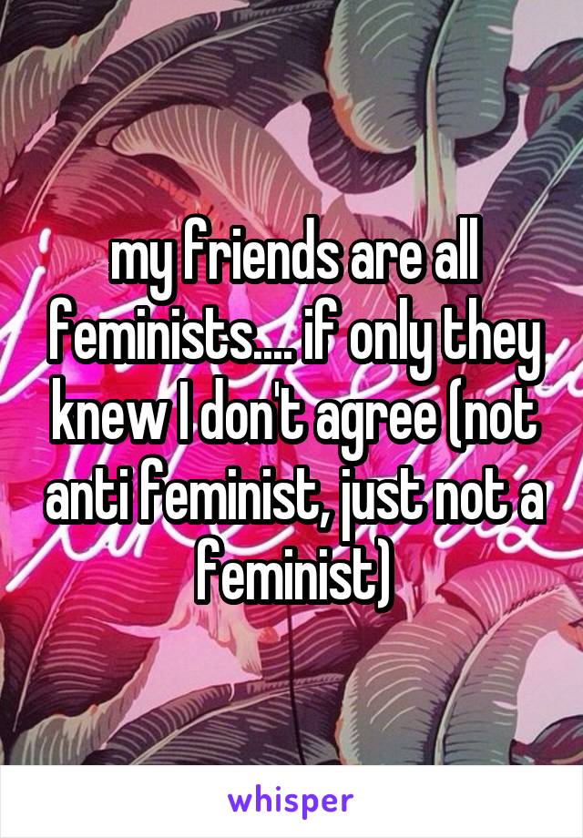 my friends are all feminists.... if only they knew I don't agree (not anti feminist, just not a feminist)