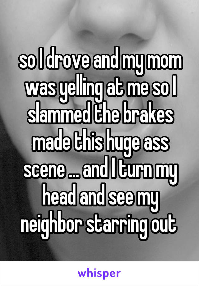so I drove and my mom was yelling at me so I slammed the brakes made this huge ass scene ... and I turn my head and see my neighbor starring out 
