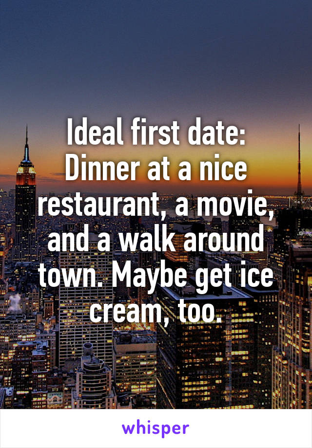 Ideal first date:
Dinner at a nice restaurant, a movie, and a walk around town. Maybe get ice cream, too.