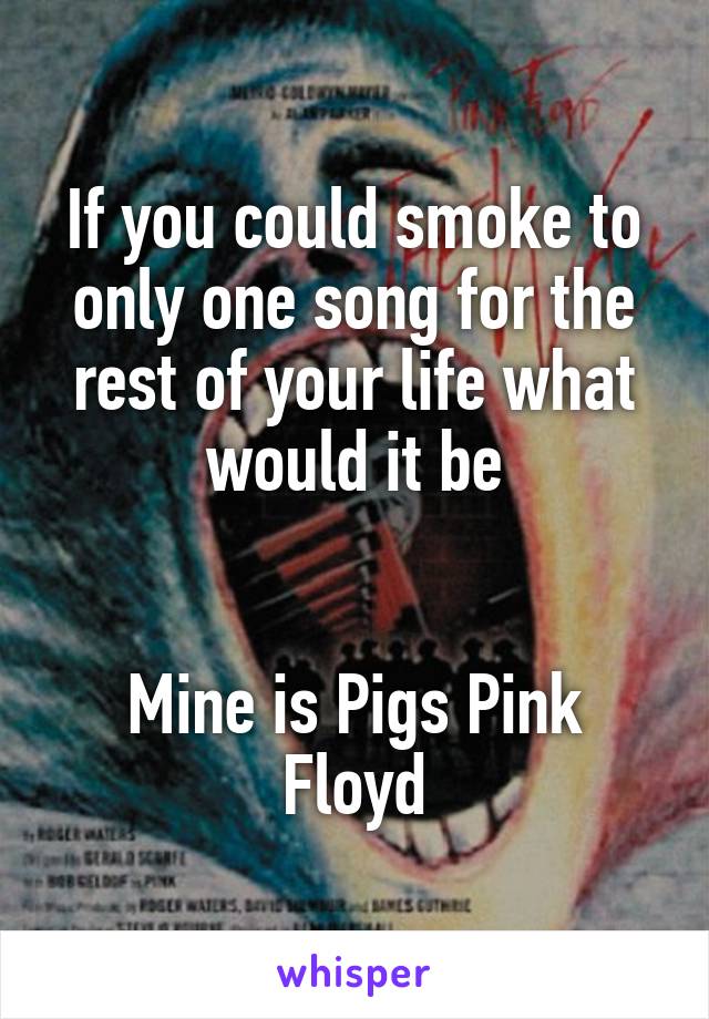 If you could smoke to only one song for the rest of your life what would it be


Mine is Pigs Pink Floyd