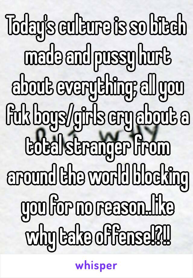 Today's culture is so bitch made and pussy hurt about everything; all you fuk boys/girls cry about a total stranger from around the world blocking you for no reason..like why take offense!?!!