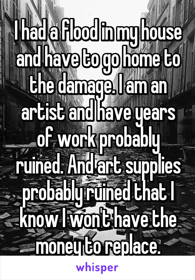 I had a flood in my house and have to go home to the damage. I am an artist and have years of work probably ruined. And art supplies probably ruined that I know I won't have the money to replace.