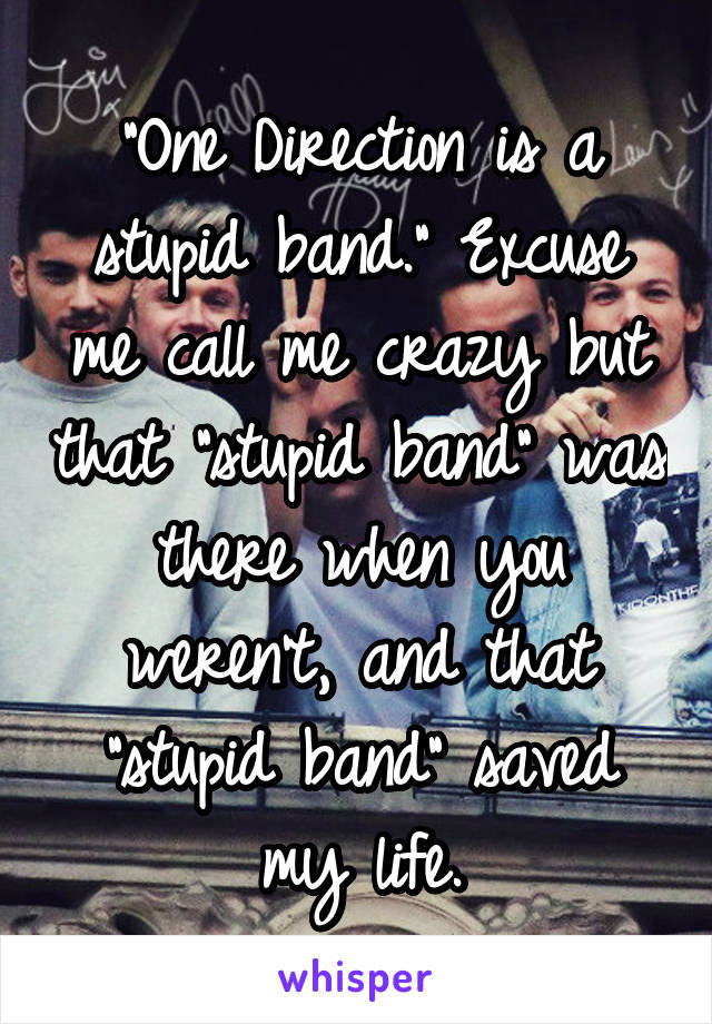 "One Direction is a stupid band." Excuse me call me crazy but that "stupid band" was there when you weren't, and that "stupid band" saved my life.
