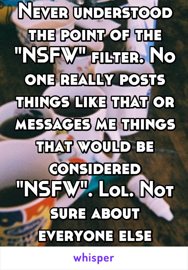 Never understood the point of the "NSFW" filter. No one really posts things like that or messages me things that would be considered "NSFW". Lol. Not sure about everyone else though. 