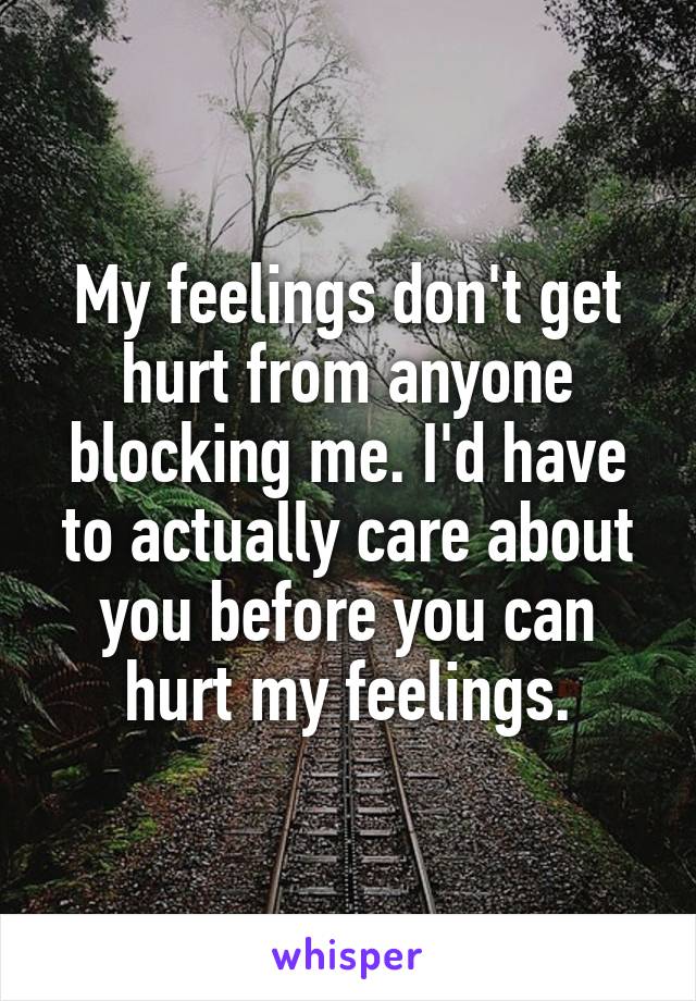 My feelings don't get hurt from anyone blocking me. I'd have to actually care about you before you can hurt my feelings.