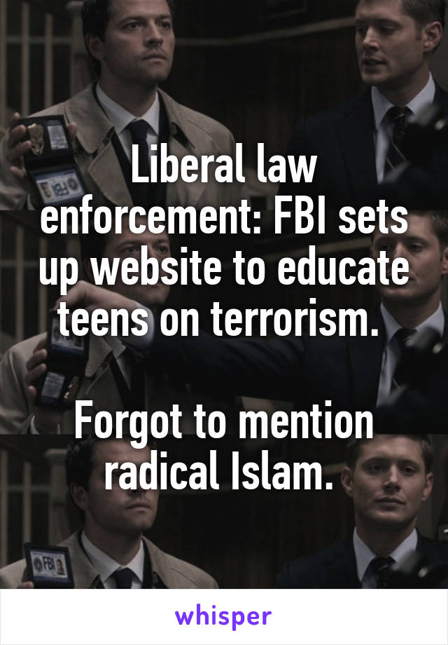 Liberal law enforcement: FBI sets up website to educate teens on terrorism. 

Forgot to mention radical Islam. 