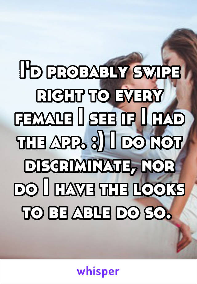 I'd probably swipe right to every female I see if I had the app. :) I do not discriminate, nor do I have the looks to be able do so. 