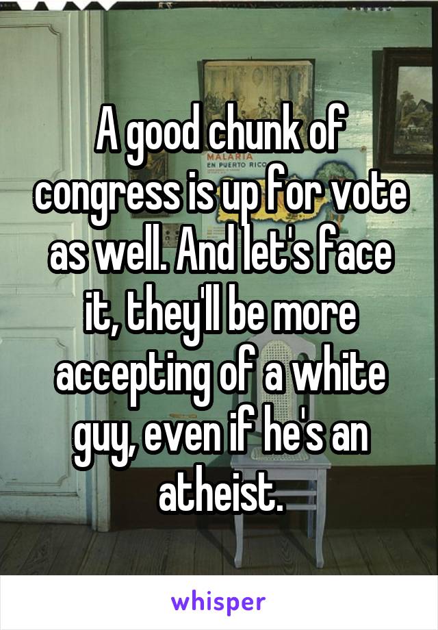 A good chunk of congress is up for vote as well. And let's face it, they'll be more accepting of a white guy, even if he's an atheist.