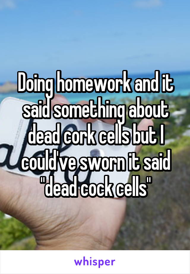 Doing homework and it said something about dead cork cells but I could've sworn it said "dead cock cells"