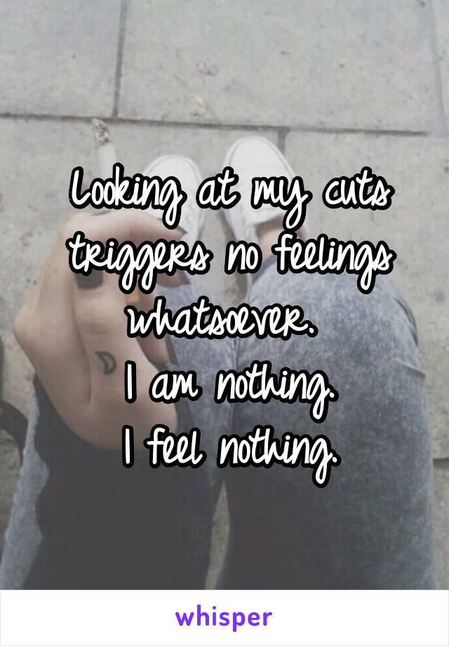 Looking at my cuts triggers no feelings whatsoever. 
I am nothing.
I feel nothing.