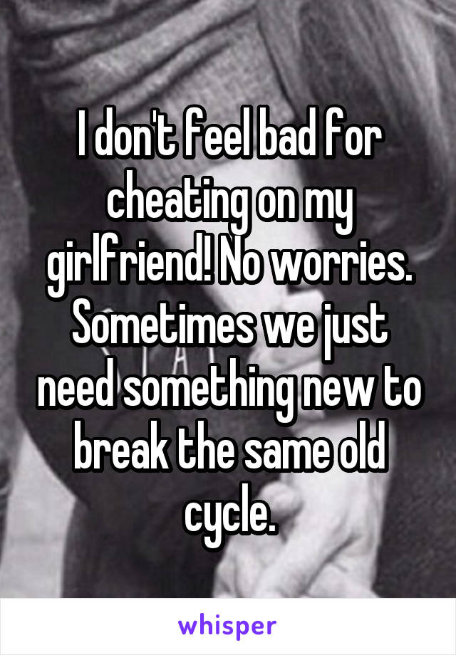 I don't feel bad for cheating on my girlfriend! No worries. Sometimes we just need something new to break the same old cycle.
