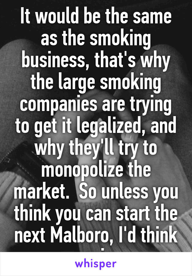 It would be the same as the smoking business, that's why the large smoking companies are trying to get it legalized, and why they'll try to monopolize the market.  So unless you think you can start the next Malboro, I'd think again.