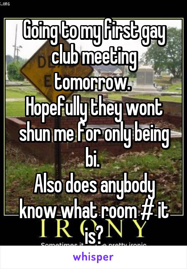 Going to my first gay club meeting tomorrow. 
Hopefully they wont shun me for only being bi. 
Also does anybody know what room # it is?