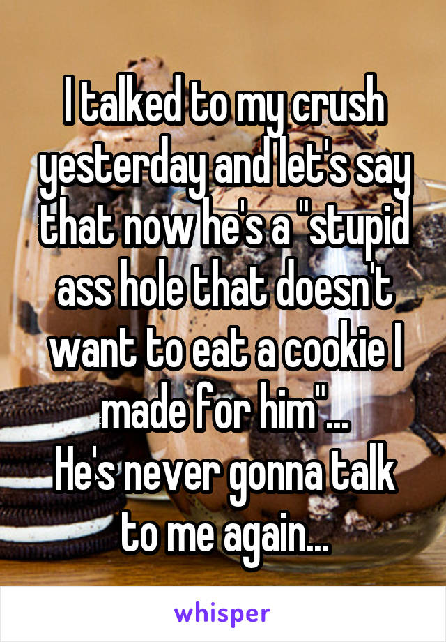 I talked to my crush yesterday and let's say that now he's a "stupid ass hole that doesn't want to eat a cookie I made for him"...
He's never gonna talk to me again...