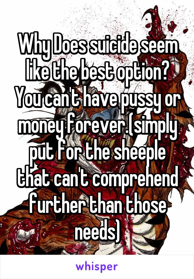Why Does suicide seem like the best option? You can't have pussy or money forever.(simply put for the sheeple that can't comprehend further than those needs)
