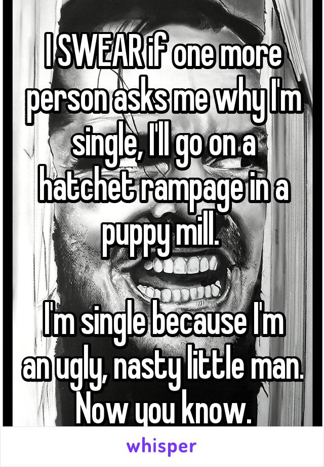 I SWEAR if one more person asks me why I'm single, I'll go on a hatchet rampage in a puppy mill. 

I'm single because I'm an ugly, nasty little man. Now you know.
