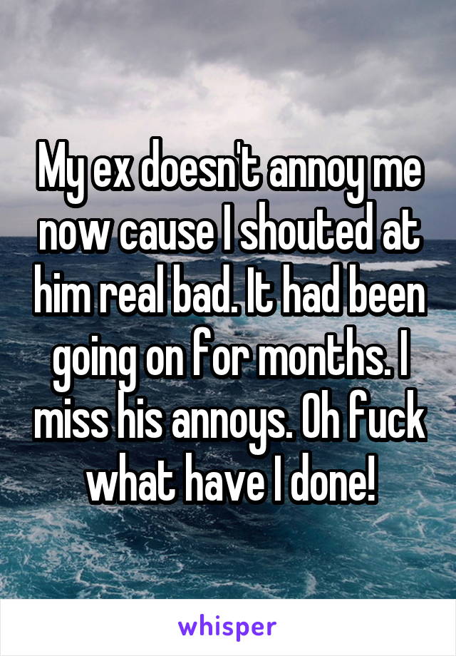 My ex doesn't annoy me now cause I shouted at him real bad. It had been going on for months. I miss his annoys. Oh fuck what have I done!