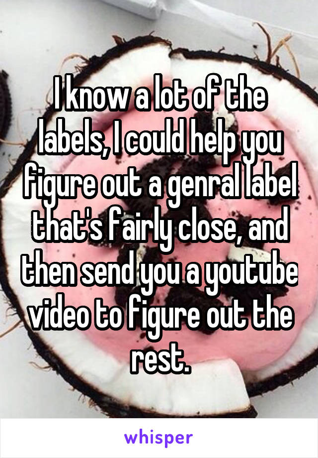I know a lot of the labels, I could help you figure out a genral label that's fairly close, and then send you a youtube video to figure out the rest.