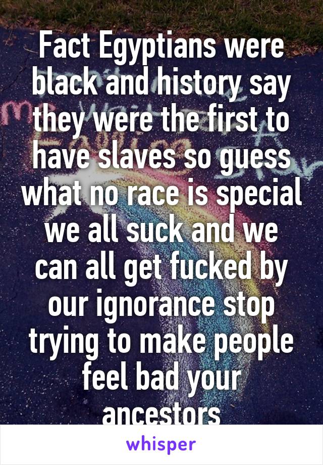 Fact Egyptians were black and history say they were the first to have slaves so guess what no race is special we all suck and we can all get fucked by our ignorance stop trying to make people feel bad your ancestors