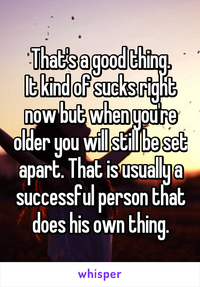 That's a good thing.
It kind of sucks right now but when you're older you will still be set apart. That is usually a successful person that does his own thing.