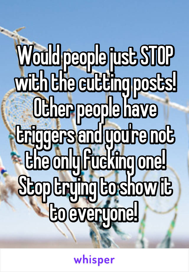 Would people just STOP with the cutting posts! Other people have triggers and you're not the only fucking one! Stop trying to show it to everyone! 
