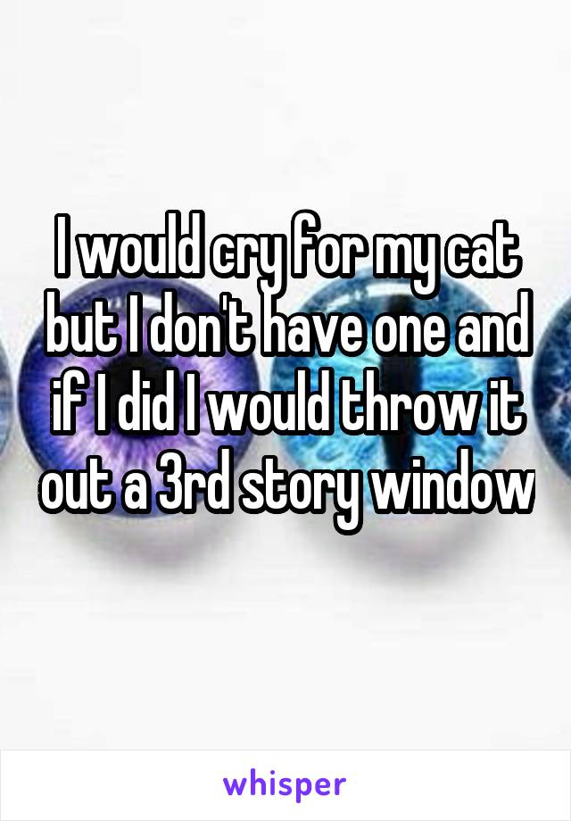 I would cry for my cat but I don't have one and if I did I would throw it out a 3rd story window 