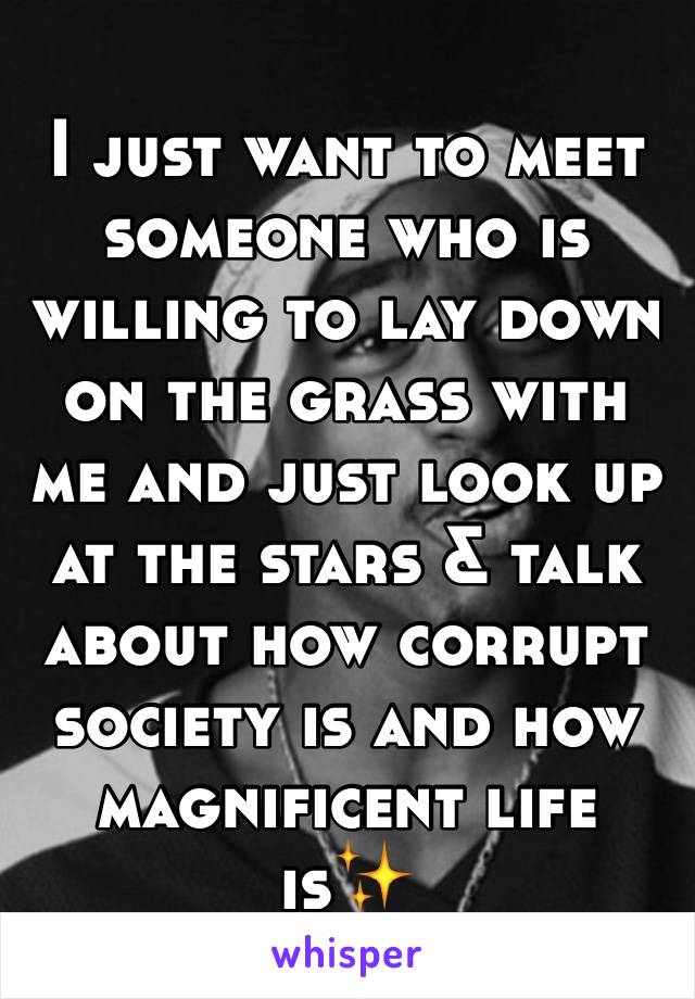 I just want to meet someone who is willing to lay down on the grass with me and just look up at the stars & talk about how corrupt society is and how magnificent life is✨