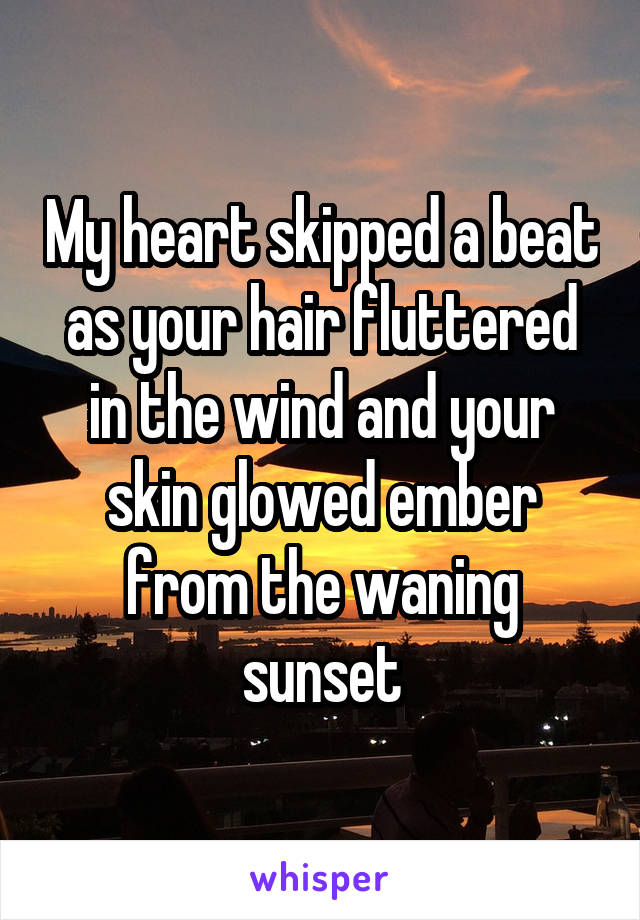 My heart skipped a beat as your hair fluttered in the wind and your skin glowed ember from the waning sunset