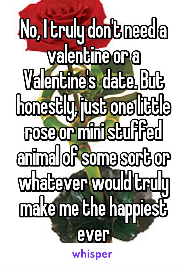 No, I truly don't need a valentine or a Valentine's  date. But honestly, just one little rose or mini stuffed animal of some sort or whatever would truly make me the happiest ever