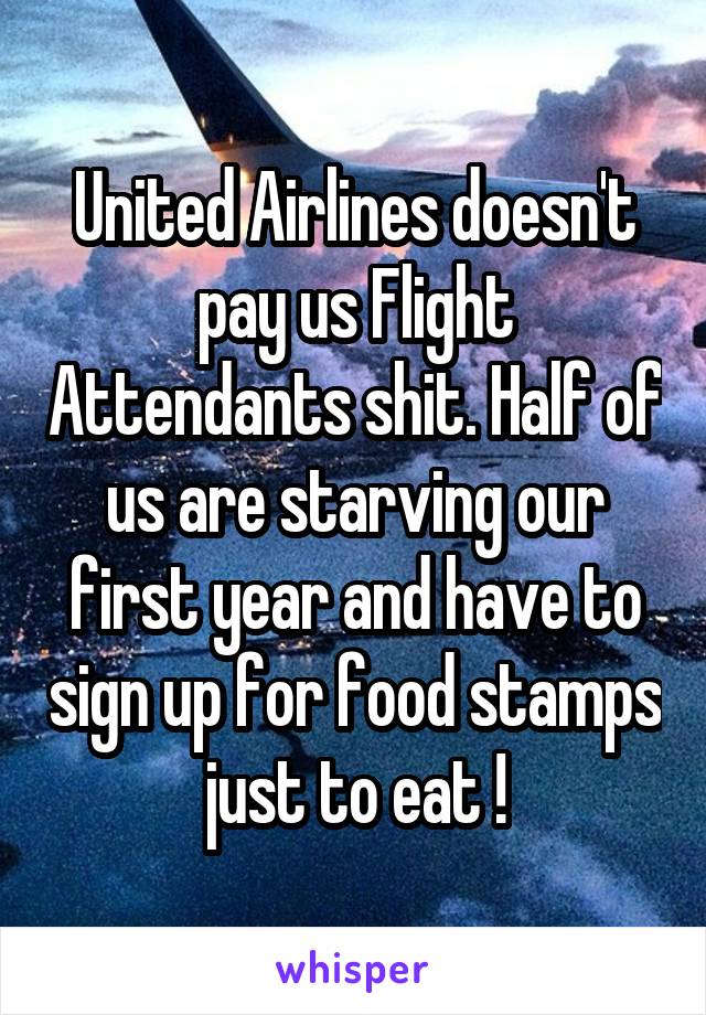 United Airlines doesn't pay us Flight Attendants shit. Half of us are starving our first year and have to sign up for food stamps just to eat !
