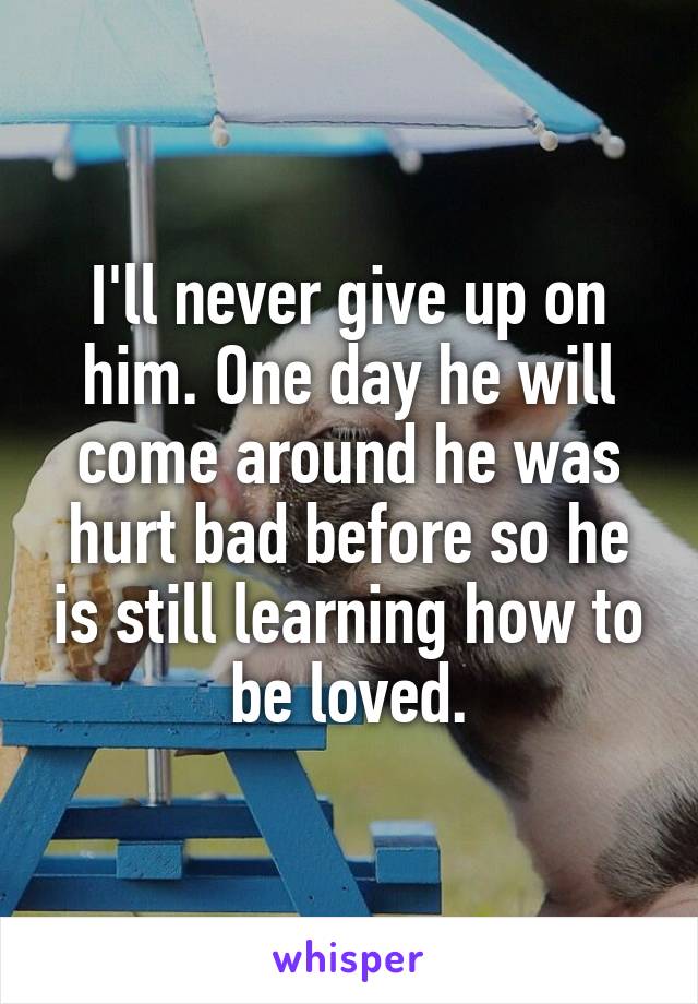 I'll never give up on him. One day he will come around he was hurt bad before so he is still learning how to be loved.