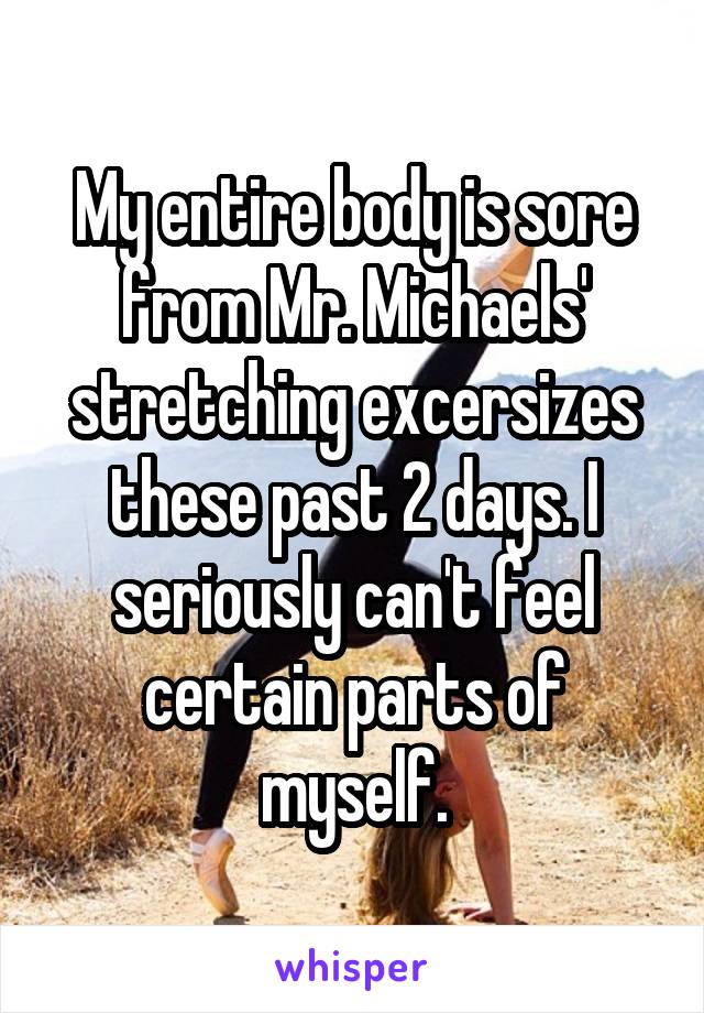 My entire body is sore from Mr. Michaels' stretching excersizes these past 2 days. I seriously can't feel certain parts of myself.
