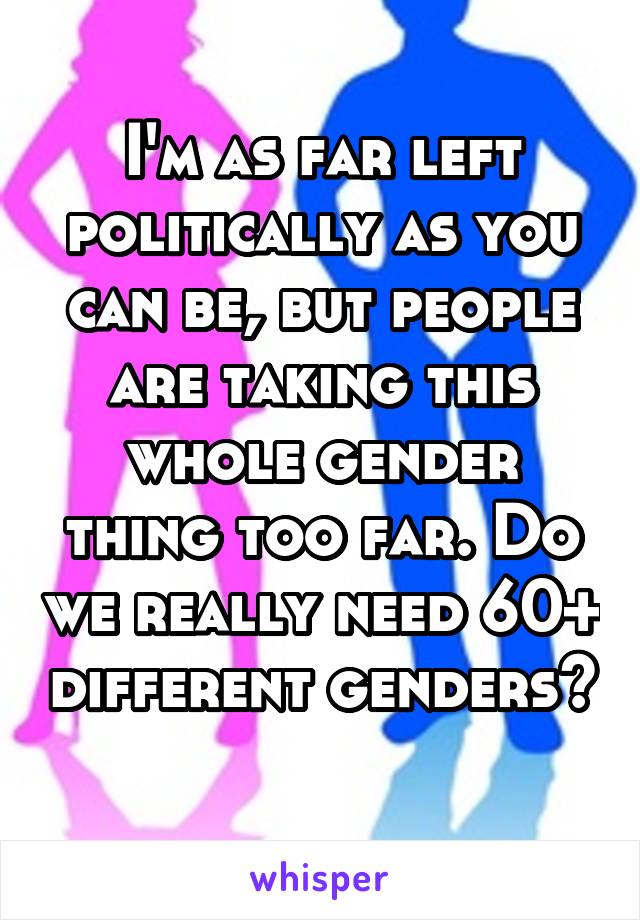I'm as far left politically as you can be, but people are taking this whole gender thing too far. Do we really need 60+ different genders? 