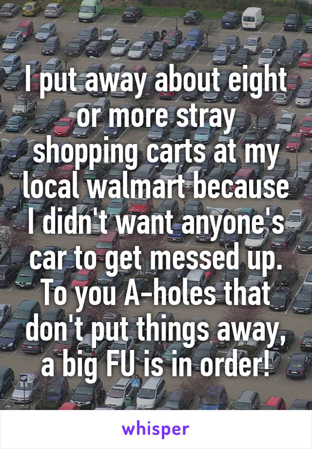 I put away about eight or more stray shopping carts at my local walmart because I didn't want anyone's car to get messed up. To you A-holes that don't put things away, a big FU is in order!
