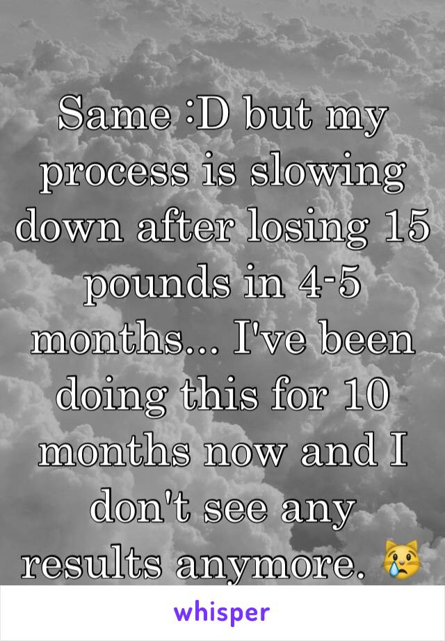 Same :D but my process is slowing down after losing 15 pounds in 4-5 months... I've been doing this for 10 months now and I don't see any results anymore. 😿