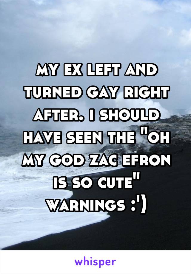 my ex left and turned gay right after. i should have seen the "oh my god zac efron is so cute" warnings :')