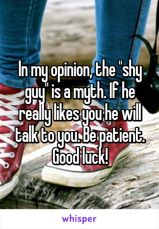 In my opinion, the "shy guy" is a myth. If he really likes you he will talk to you. Be patient. Good luck!