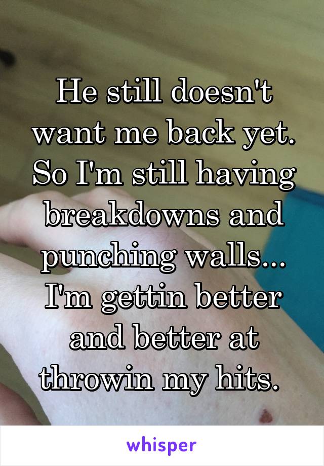 He still doesn't want me back yet. So I'm still having breakdowns and punching walls...
I'm gettin better and better at throwin my hits. 