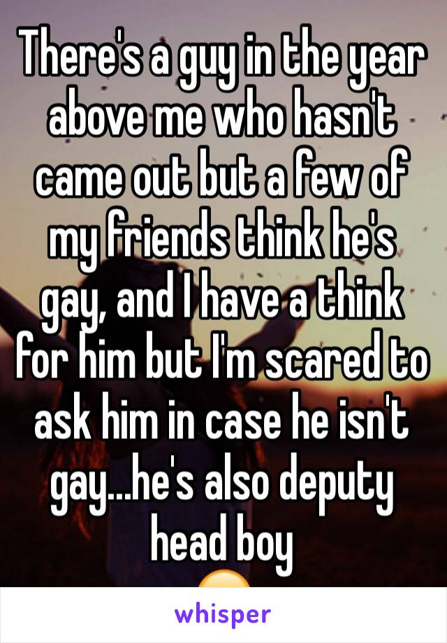 There's a guy in the year above me who hasn't came out but a few of my friends think he's gay, and I have a think for him but I'm scared to ask him in case he isn't gay...he's also deputy head boy
😬