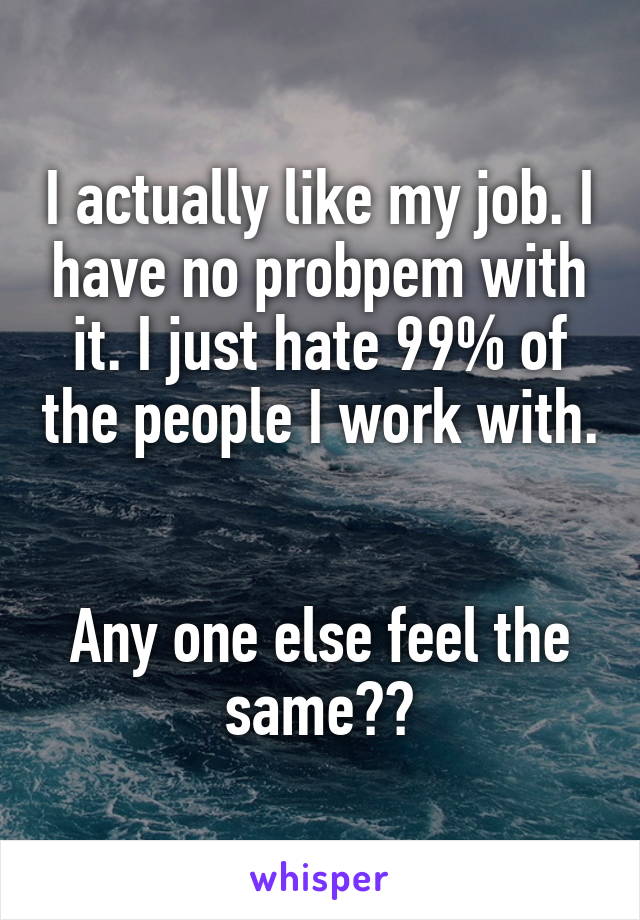 I actually like my job. I have no probpem with it. I just hate 99% of the people I work with. 

Any one else feel the same??