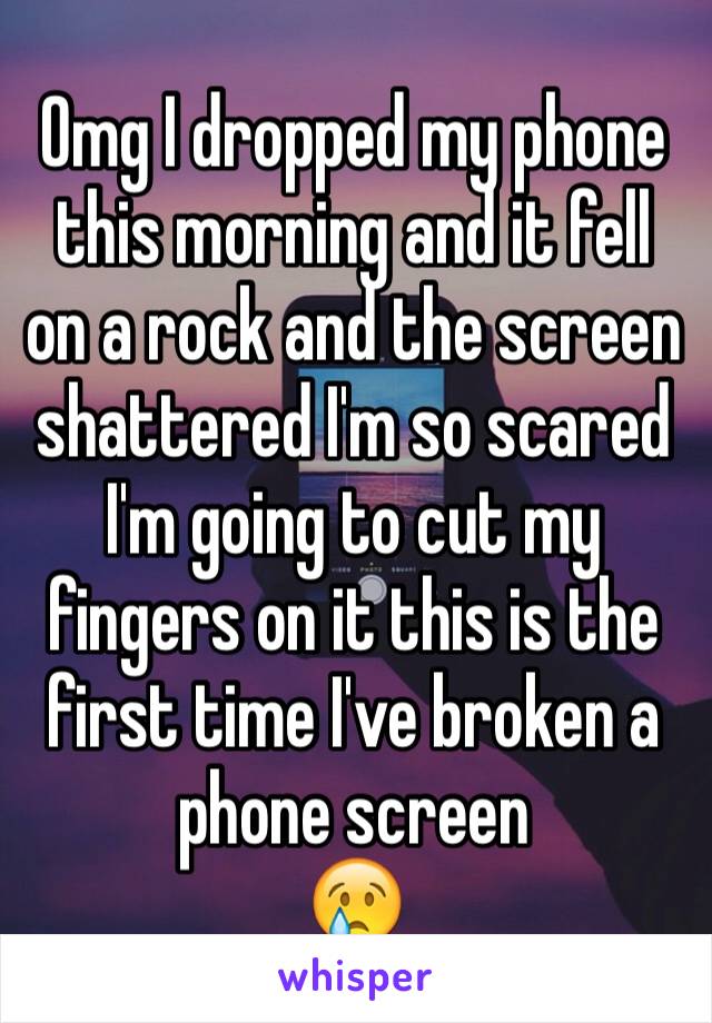 Omg I dropped my phone this morning and it fell on a rock and the screen shattered I'm so scared I'm going to cut my fingers on it this is the first time I've broken a phone screen 
😢