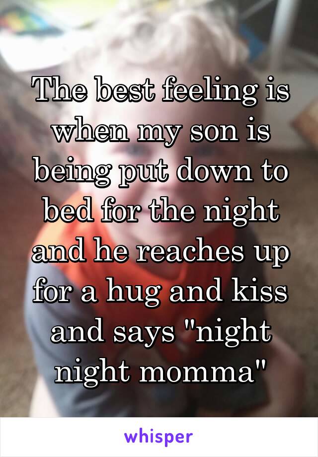 The best feeling is when my son is being put down to bed for the night and he reaches up for a hug and kiss and says "night night momma"