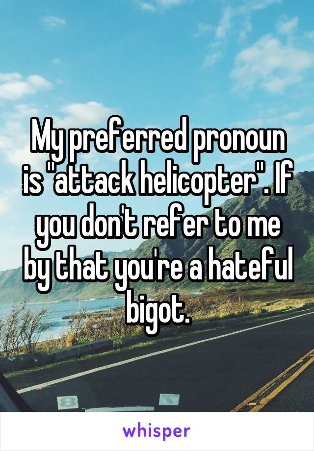 My preferred pronoun is "attack helicopter". If you don't refer to me by that you're a hateful bigot.