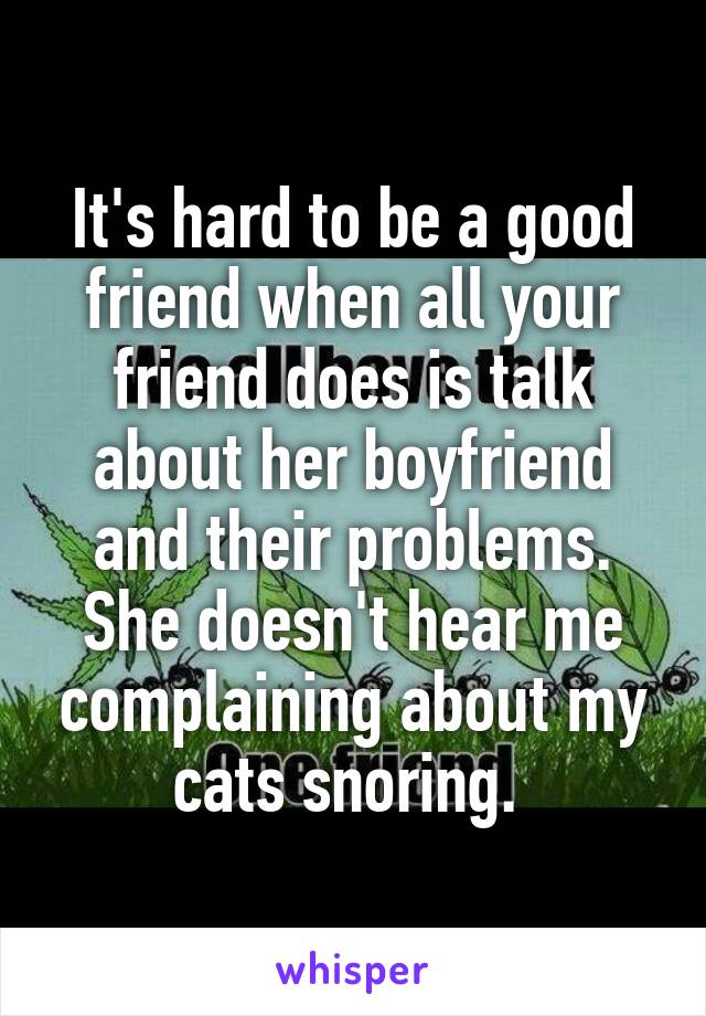 It's hard to be a good friend when all your friend does is talk about her boyfriend and their problems. She doesn't hear me complaining about my cats snoring. 